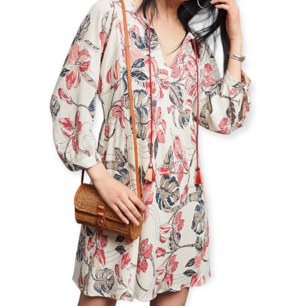 ANTHROPOLOGIE Inverewe Floral Dress Size S 3/4 sleeves V- Neck with front tassel